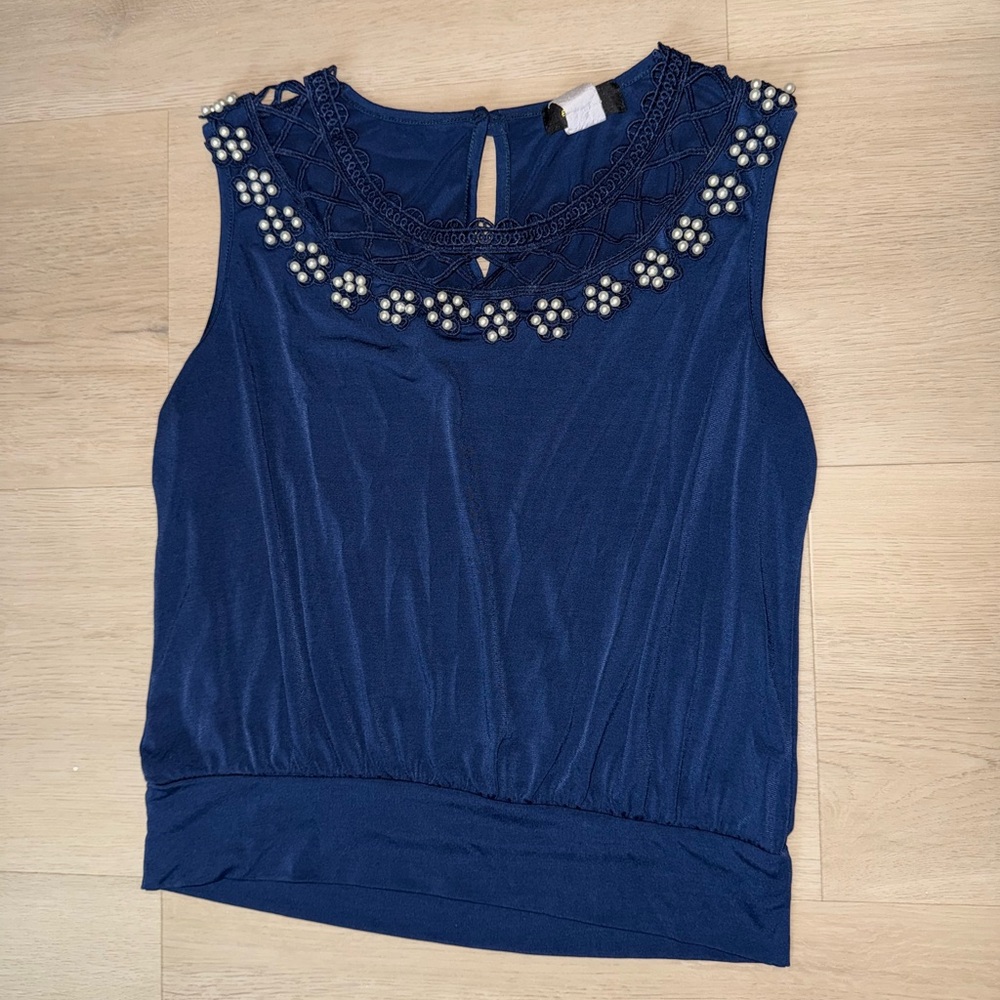 Espresso Navy Tank Top with Pearl Details